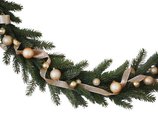 Pine greenery with champagne ribbons and tiny gold ornaments, long horizontal format.