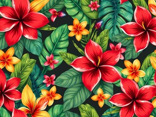 Obraz premium A seamless pattern of vibrant tropical flowers and leaves in a loose, painterly style Blooming tropical beauty, colorful, flowers