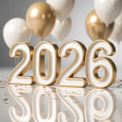 Shiny gold and white balloons and 2026 numbers reflecting on a surface with confetti