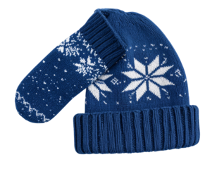  Festive Winter Accessories: Blue Hat and Mittens with Snowflake Motifs — Transparent PNG