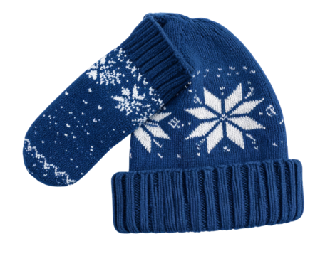  Festive Winter Accessories: Blue Hat and Mittens with Snowflake Motifs — Transparent PNG