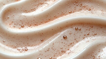 Wavy tan surface dotted with small beads and clear droplets; textured, creamy look