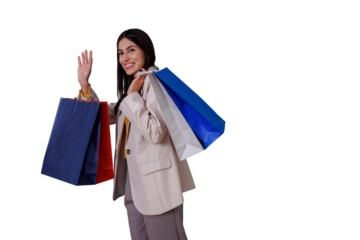 Happy woman holding shopping bags waving hand after successful retail shopping trip, transparent background