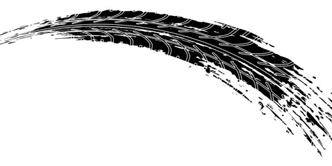 Black tire marks on a white background with a worn effect and splashes of dirt. Vector isolated texture .Tire tracks background for rally, drift, motocross, off-road and other auto and motorsport.
