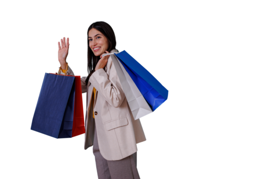 Happy woman holding shopping bags waving hand after successful retail shopping trip, transparent background - Powered by Adobe