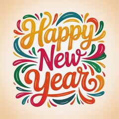 Vibrant and colorful hand drawn lettering for happy new year celebration with decorative flourishes