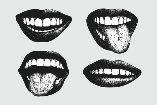 Y2k mouth vector set, retro 90s collage of lips with grunge halftone textures, smile, tongue, and open or closed mouth expressions, punk pop art style