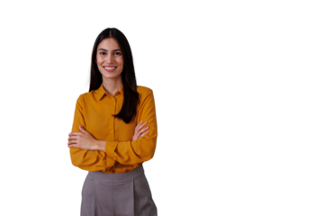 Confident businesswoman smiling, crossing arms, portraying success, professionalism, and leadership on transparent background