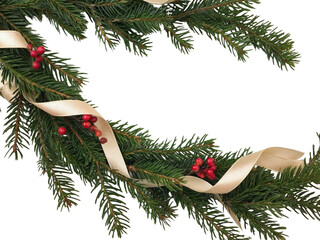 Lush pine garland with matte gold baubles and light ribbon, elegant neutral tone.