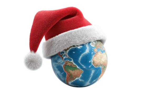 Festive globe wearing Santa hat brings global holiday cheer and winter celebration joy - Powered by Adobe