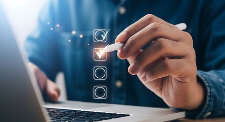 Person completes online checklist with digital pen on laptop screen