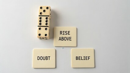 Domino tower falling toward the word Doubt on white surface