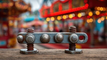 Close up of weathered metal bolts on a wooden surface
