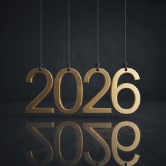 Golden 2026 numbers hanging and reflecting on a dark surface for new year s celebration concept