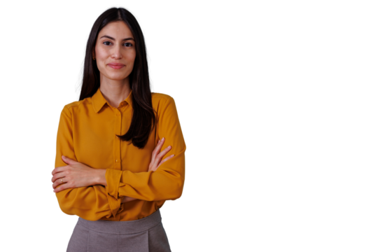 Confident businesswoman smiling with arms crossed, standing and looking at camera, transparent background - Powered by Adobe