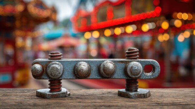 Close up of weathered metal bolts on a wooden surface