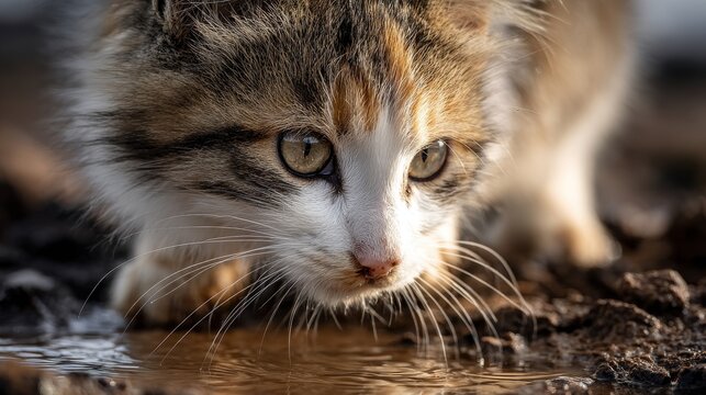 Calico Kitten Drinking Water Close-up