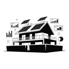 Modern house with solar panels and data analytics charts