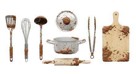 Dirty kitchen utensils and baking tools coated in Mud on a clean white backdrop, top view