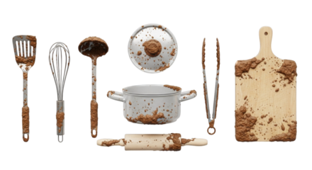 Dirty kitchen utensils and baking tools coated in Mud on a clean white backdrop, top view