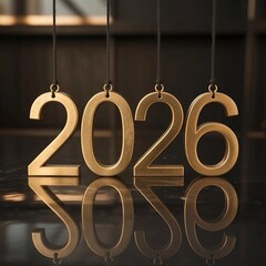Golden 2026 numbers hanging and reflecting on a dark glossy surface symbolizing the new year