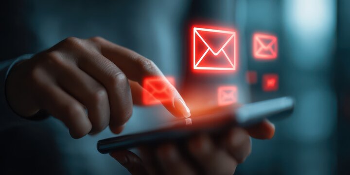 Person using smartphone with email icons, representing digital communication and online messaging in the modern world
