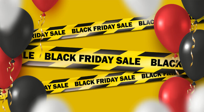 3d realistic vector illustration. Black Friday banner with warning sign yellow ribbon and black, red and white ballons.