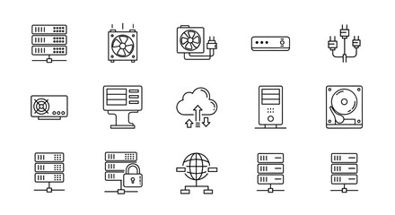 Collection of line icons representing data center equipment and technology, including servers, hard drives, cooling fans, cloud storage, network globes, and security locks, presented on a clean white