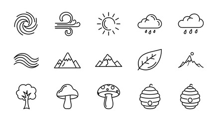 Abstract Nature Logo Design: A Vector Cartoon Illustration Featuring a Set of Ordered Line Icons on a White Background, Showcasing Elements Like a Hurricane, Wind, Sun, Rain Clouds, Waves, Mountains