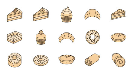 Collection of simple, flat design icons representing various cakes and pastries, including slices of cake, cupcakes, croissants, donuts, pies, and Swiss rolls, perfect for infographics, articles