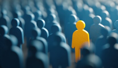 Unique yellow figure standing out among a crowd of blue figures in a large gathering