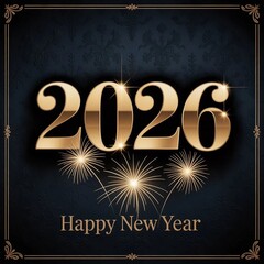 Golden 2026 text with sparkling fireworks and happy new year message on dark background