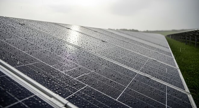 Solar panel efficiency in rain weather conditions and renewable energy farm sustainability concept study case