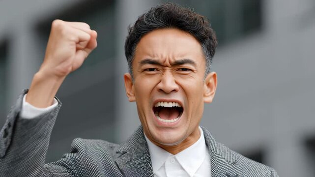 Passionate man expressing strong emotions with raised fist, showcasing determination and intensity, as the camera performs a subtle zoom in to capture the escalating energy of the moment