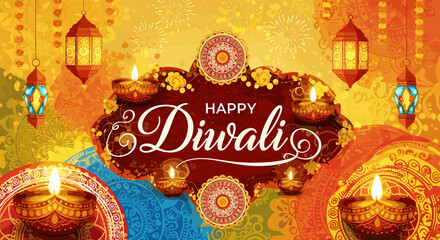 Vibrant Indian Festival of Lights, Happy Diwali Celebration Greeting Card Background with Traditional Diyas, Lanterns, Fireworks, and Intricate Rangoli Patterns, Abstract Vector Illustration Design