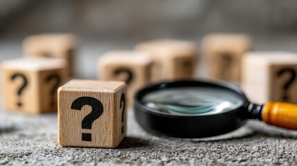 Wooden blocks with question marks and a magnifying glass on a gray surface symbolize uncertainty and the search for answers