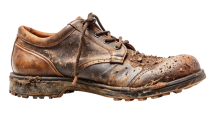 Old worn out brown leather shoe covered in mud isolated on transparent background