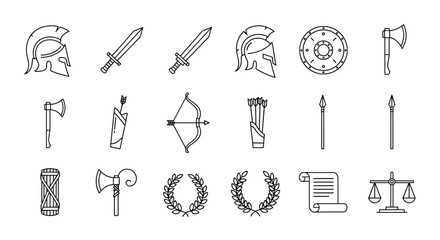 Collection of archaic war-related vector line icons, featuring helmets, swords, shields, axes, bows, arrows, spears, scrolls, and scales of justice, presented with editable strokes and a 48x48