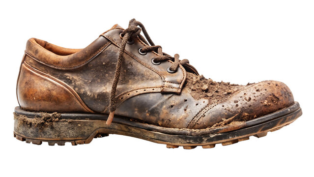 Old worn out brown leather shoe covered in mud isolated on transparent background