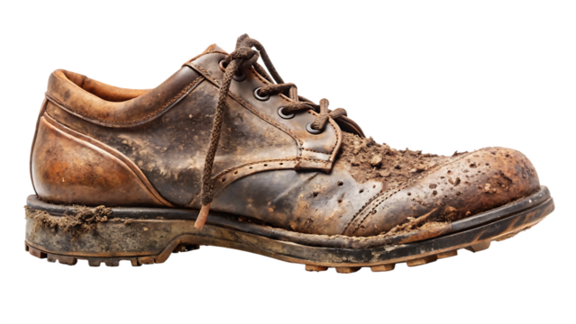 Old worn out brown leather shoe covered in mud isolated on transparent background