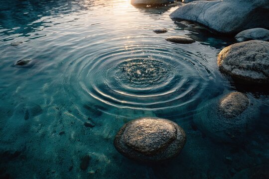 Serene ripples on a tranquil teal lake surface, encircled by smooth, grey stones, bathed in golden sunlight.