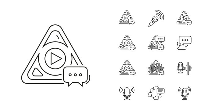 Set of outline icons representing podcasting and audio communication, featuring a prominent triangle play button with chat bubbles, microphones with sound waves, and waveform graphics, all designed - Powered by Adobe