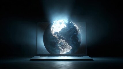 Global Connectivity: An illuminated digital world map emerges from a laptop screen, symbolizing the boundless power of technology and the interconnectedness of our planet. - Powered by Adobe