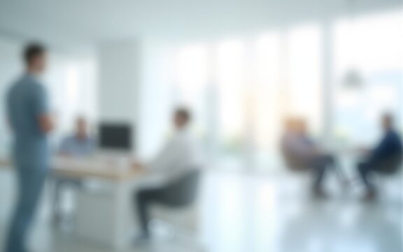 Abstract blurred modern workspace background, white indoor interior office or hospital with window and the light with copy space. Blurry backgrounds for advertising and business presentation.