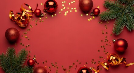 Festive christmas background with red ornaments, gold confetti, and fir branches creating a frame for holiday greetings and wishes