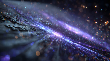 credit card protected by digital shield, cyber security concept, holographic particles, glowing blue and purple light, futuristic fintech protection