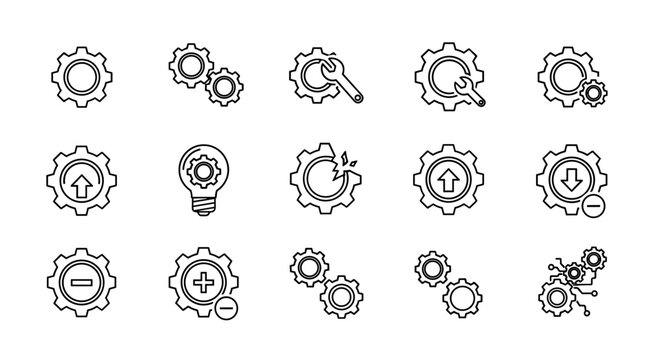 A collection of line icons representing cogwheels and gears, symbolizing industry, technology, and mechanics. Includes icons for settings, tools, ideas, and adjustments like add/remove, perfect for