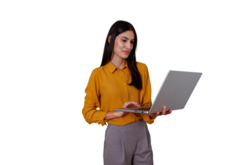 Woman standing and working on a laptop, browsing online, managing business, remote work, transparent background