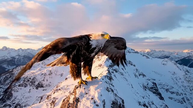 Highlighting the intense focus and predatory gaze of an eagle perched on a rugged cliff edge, observing its domain. Close up and medium shots of the eagle's head and keen eyes, conveying its power?