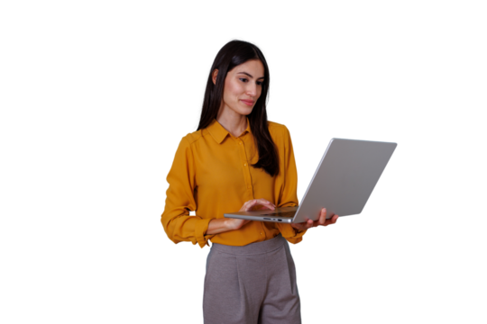 Woman standing and working on a laptop, browsing online, managing business, remote work, transparent background